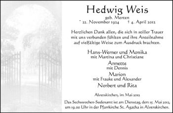 Anzeige von Hedwig Weis von Westfälische Nachrichten