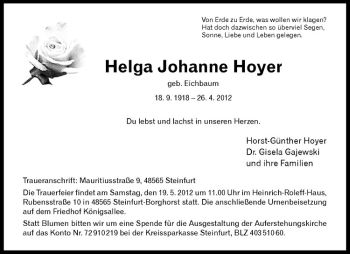 Anzeige von Helga Johanne Hoyer von Westfälische Nachrichten