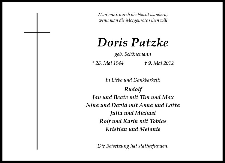  Traueranzeige für Doris Patzke vom 19.05.2012 aus Westfälische Nachrichten