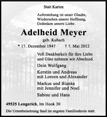Anzeige von Adelheid Meyer von Westfälische Nachrichten