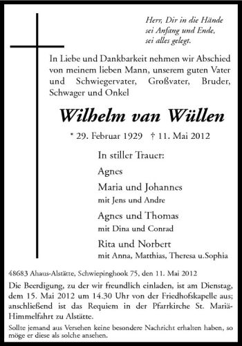 Anzeige von Wilhelm van Wüllen von Westfälische Nachrichten