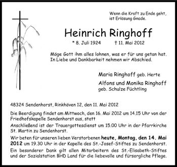 Anzeige von Heinrich Ringhoff von Westfälische Nachrichten