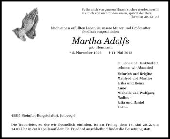 Anzeige von Martha Adolfs von Westfälische Nachrichten