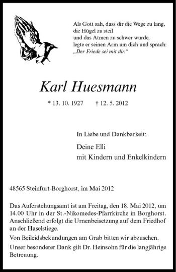 Anzeige von Karl Huesmann von Westfälische Nachrichten