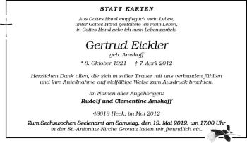 Anzeige von Gertrud Eickler von Westfälische Nachrichten