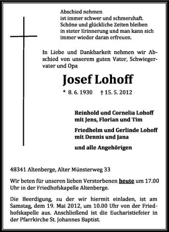 Anzeige von Josef Lohoff von Westfälische Nachrichten