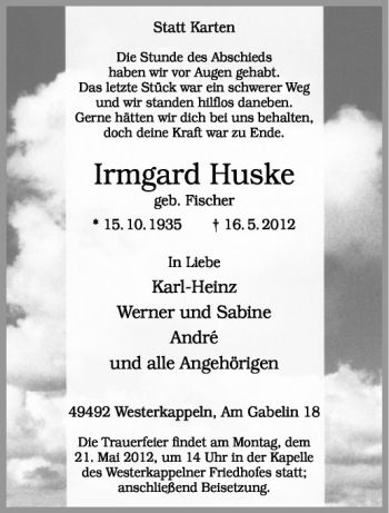Anzeige von Irmgard Huske von Westfälische Nachrichten