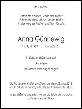 Anzeige von Anna Günnewig von Westfälische Nachrichten