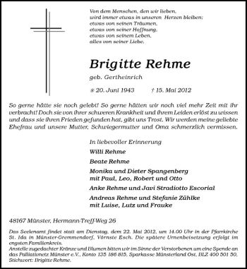 Anzeige von Brigitte Rehme von Westfälische Nachrichten