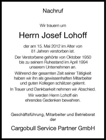 Anzeige von Josef Lohoff von Westfälische Nachrichten