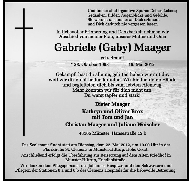  Traueranzeige für Gabriele Maager vom 19.05.2012 aus Westfälische Nachrichten