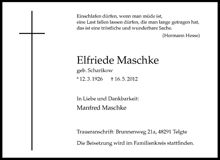  Traueranzeige für Elfriede Maschke vom 19.05.2012 aus Westfälische Nachrichten