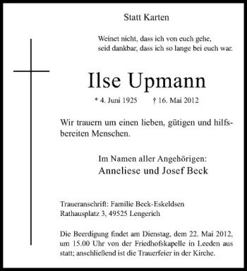 Anzeige von Ilse Upmann von Westfälische Nachrichten