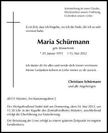 Anzeige von Maria Schürmann von Westfälische Nachrichten