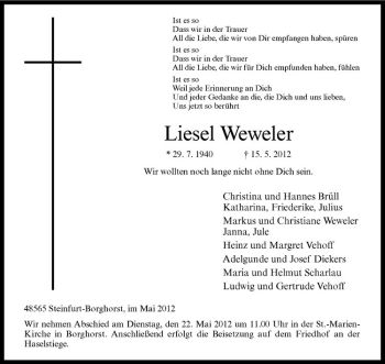 Anzeige von Liesel Weweler von Westfälische Nachrichten