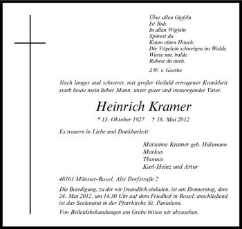Anzeige von Heinrich Kramer von Westfälische Nachrichten