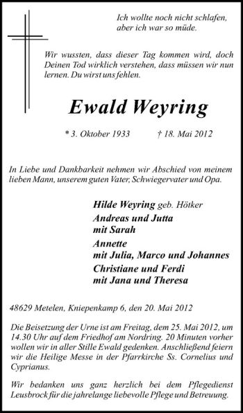 Anzeige von Ewald Weyring von Westfälische Nachrichten