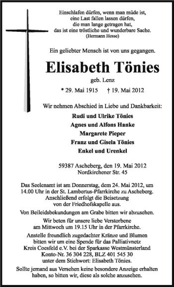 Anzeige von Elisabeth Tönies von Westfälische Nachrichten