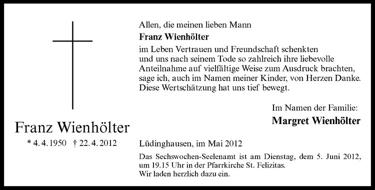  Traueranzeige für Franz Wienhölter vom 02.06.2012 aus Westfälische Nachrichten