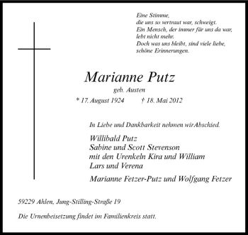 Anzeige von Marianne Putz von Westfälische Nachrichten