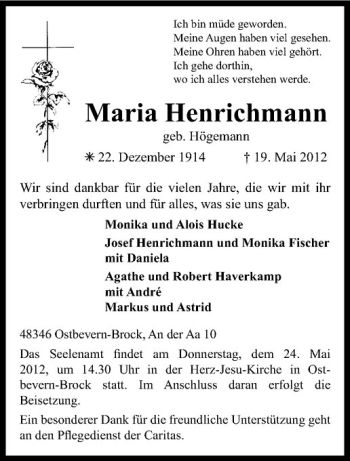Anzeige von Maria Henrichmann von Westfälische Nachrichten