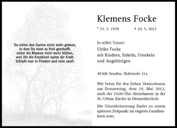 Anzeige von Klemens Focke von Westfälische Nachrichten