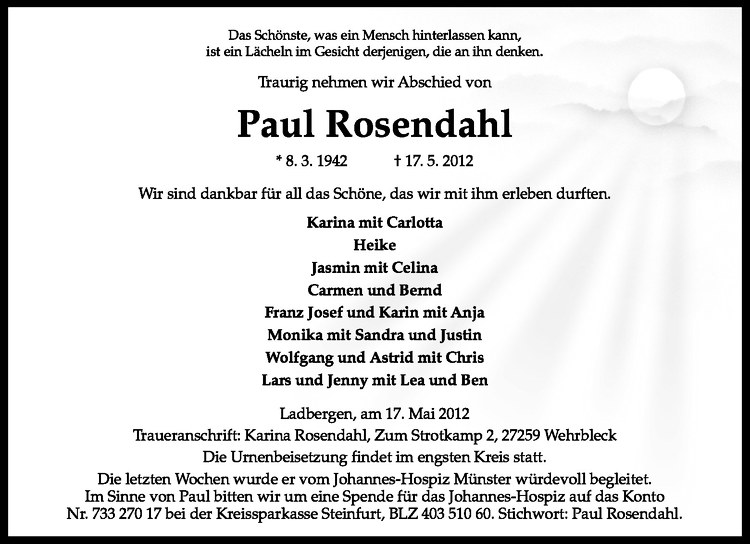  Traueranzeige für Paul Rosendahl vom 26.05.2012 aus Westfälische Nachrichten
