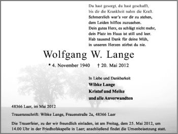 Anzeige von Wolfgang W. Lange von Westfälische Nachrichten