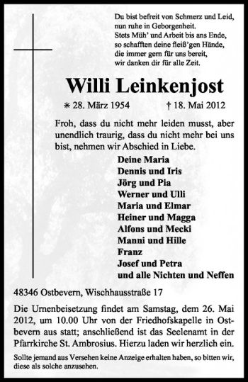 Anzeige von Willi Leinkenjost von Westfälische Nachrichten