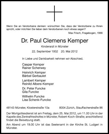 Anzeige von Paul Clemens Kemper von Westfälische Nachrichten