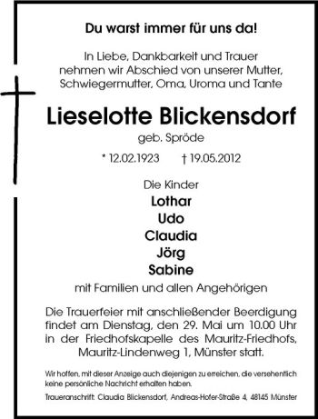 Anzeige von Lieselotte Blickensdorf von Westfälische Nachrichten