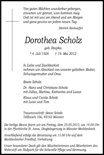 Anzeige von Dorothea Scholz von Westfälische Nachrichten