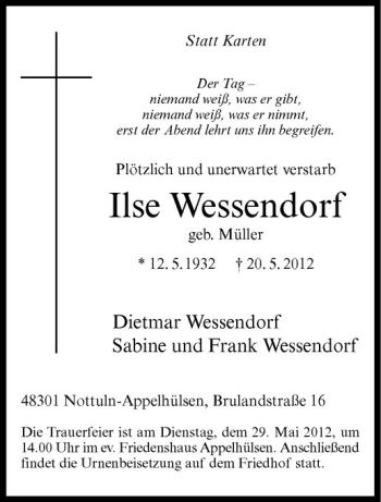 Anzeige von Ilse Wessendorf von Westfälische Nachrichten