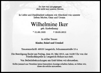 Anzeige von Wilhelmine Iker von Westfälische Nachrichten