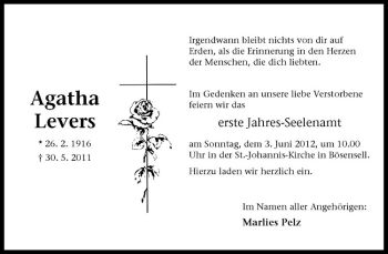 Anzeige von Agatha Levers von Westfälische Nachrichten