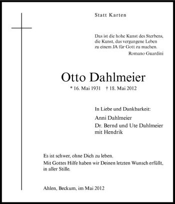 Anzeige von Otto Dahlmeier von Westfälische Nachrichten