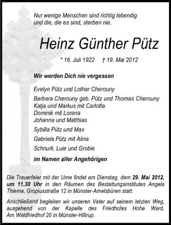 Anzeige von Heinz Günther von Westfälische Nachrichten