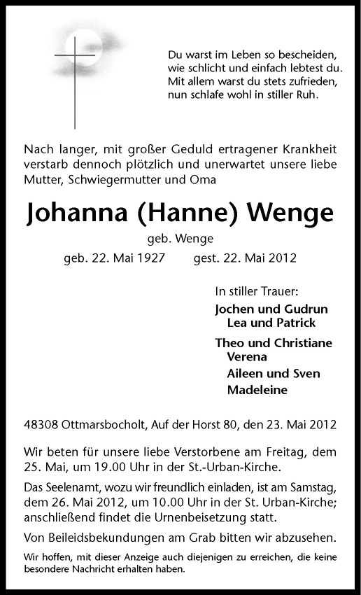  Traueranzeige für Johanna Wenge vom 24.05.2012 aus Westfälische Nachrichten
