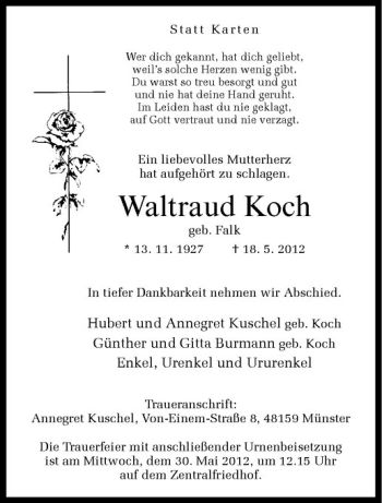 Anzeige von Waltraud Koch von Westfälische Nachrichten