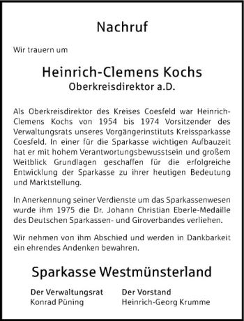 Anzeige von Heinrich-Clemens Kochs von Westfälische Nachrichten