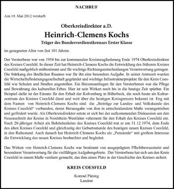 Anzeige von Heinrich-Clemens Kochs von Westfälische Nachrichten