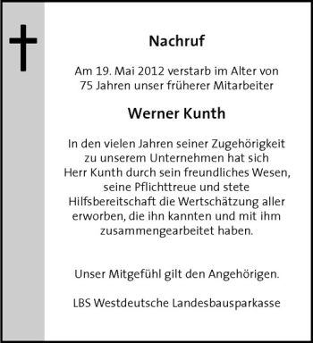 Anzeige von Werner Kunth von Westfälische Nachrichten