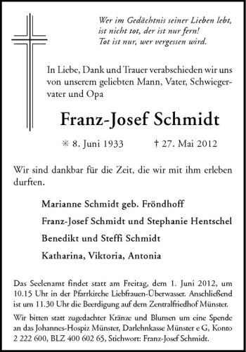Anzeige von Franz-Josef Schmidt von Westfälische Nachrichten