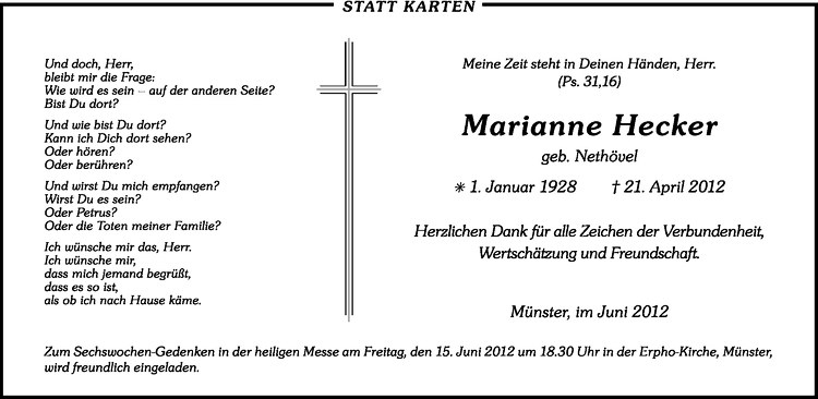  Traueranzeige für Marianne Hecker vom 09.06.2012 aus Westfälische Nachrichten