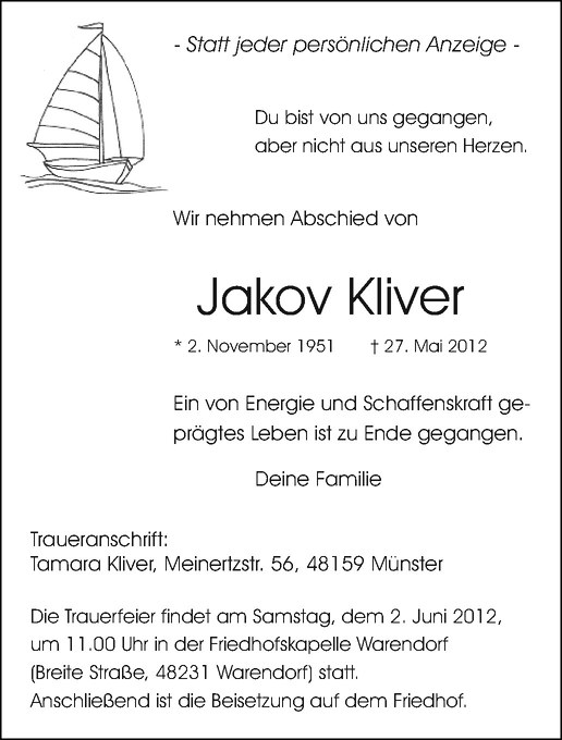  Traueranzeige für Jakov Kliver vom 31.05.2012 aus Westfälische Nachrichten