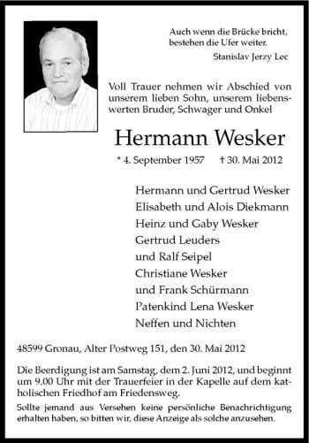 Anzeige von Hermann Wesker von Westfälische Nachrichten