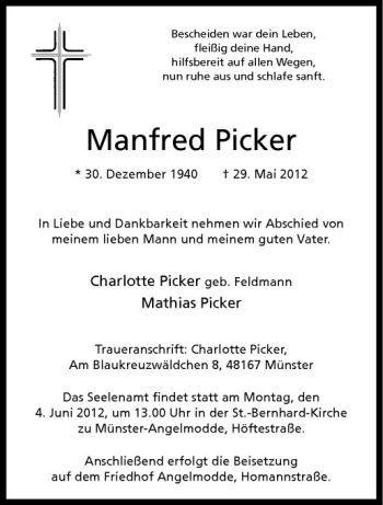 Anzeige von Manfred Picker von Westfälische Nachrichten
