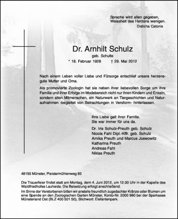Anzeige von Arnhilt Schulz von Westfälische Nachrichten