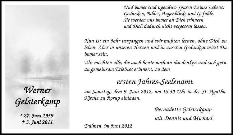  Traueranzeige für Werner Gelsterkamp vom 02.06.2012 aus Westfälische Nachrichten
