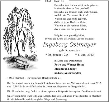 Anzeige von Ingeborg Ostmeyer von Westfälische Nachrichten